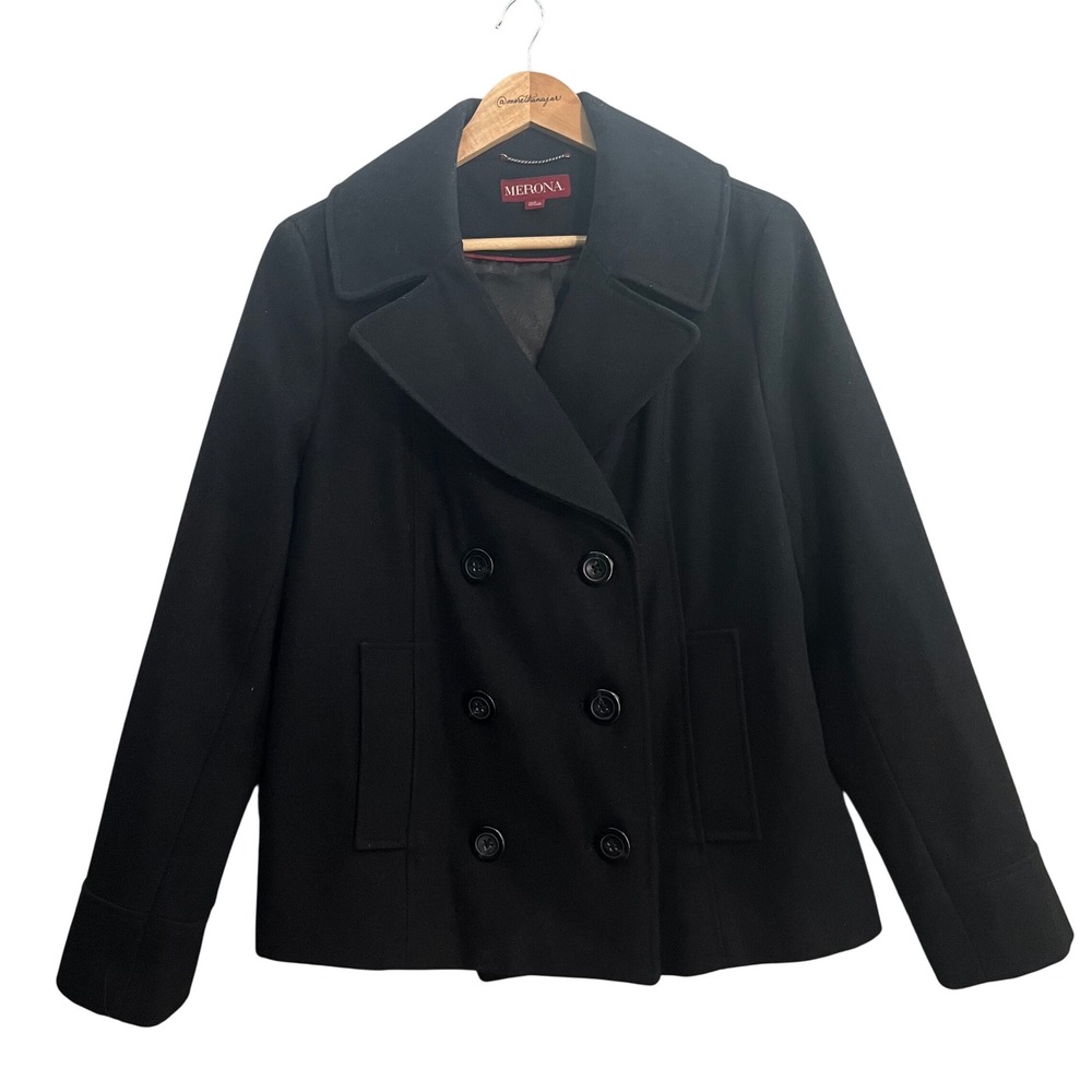 Merona Pea Coat Women Large Black Wool Double Breasted